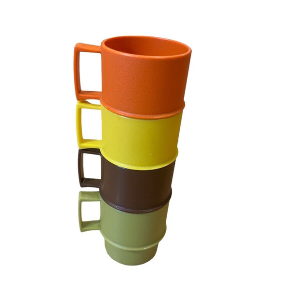 4 Vintage Tupperware Toys Stacking Cups 1400-40 1.75” Orange Brown Yellow Green - Picture 1 of 6